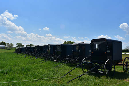 Lancaster county with a field filled with Amish buggies.の写真素材