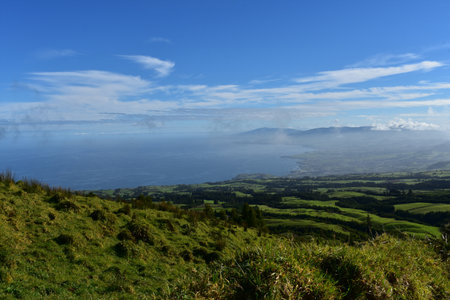 Gorgeous scenic landscape of Sete Cidades in the Azores of Portugal.の写真素材