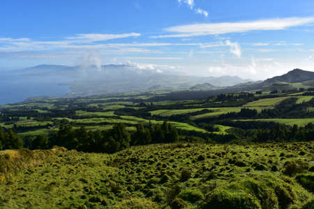 Gorgeous scenic green volcanic landscape of Sete Cidades in the Azores.の写真素材