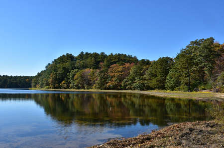 Colorful leaves on trees surrounding a calm lake in Autumn in New England.