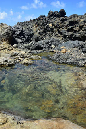 Dark lava rock natural pool found along the rugged coast of Aruba.