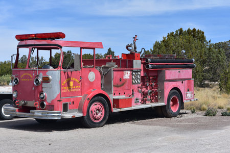 Red antique fire truck at the grand canyon.