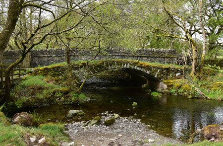 Scenic old arched bridge with river water flowing underneath it in England.