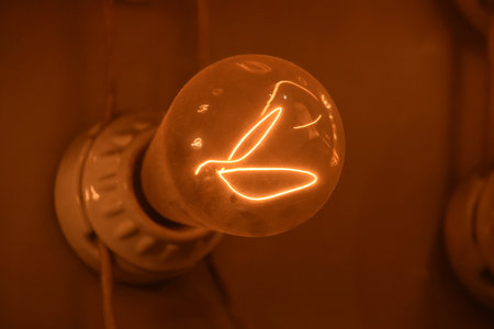 Bright lightbulb with a glowing filament lit up inside it.