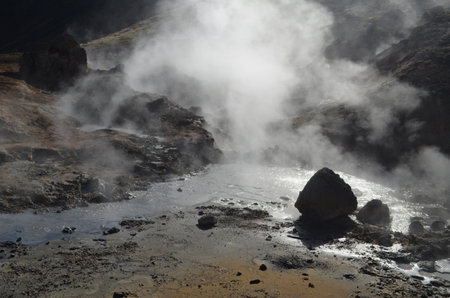 Geothermal steam rising from a mud puddle in Hveragerdi Iceland.