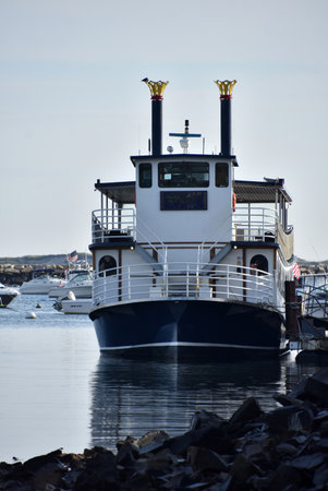 Boat anchored at a dock in Plymouth Harbor in Massachusetts.