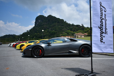 Many Lamborghinis and luxury cars are parked together. Photo taken on 23 February 2019, Pattaya, Thailand.のeditorial素材
