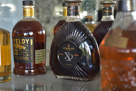 The liquor store has many types of liquor and alcoholic beverages. There was liquor on the floor. For those who like to drink, photographed 3 Jan 2023, Thailand.のeditorial素材