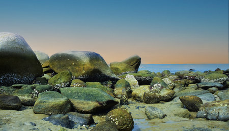 On the beach there are rocks, large boulders and sea sand andの写真素材