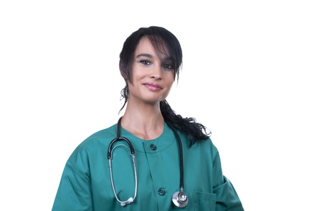 pretty nurse in green isolatedの写真素材