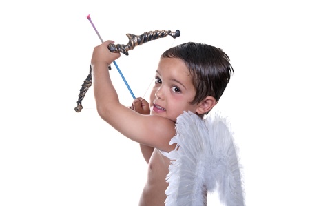 adorable boy dressed as Cupid on white backgroundの写真素材