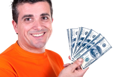 smiling man with 100  bills on white background の写真素材