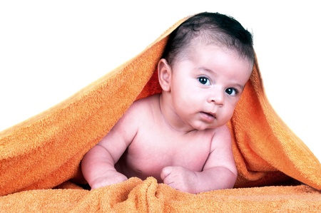 baby after bath on white backgroundの写真素材