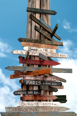 wooden signs in different parts of the world のeditorial素材