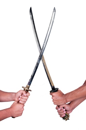 two japanese Katana on white backgroundの写真素材