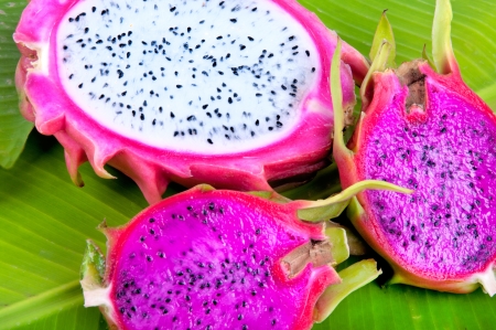 Dragon Fruit aka Pitaya on banana leafの写真素材