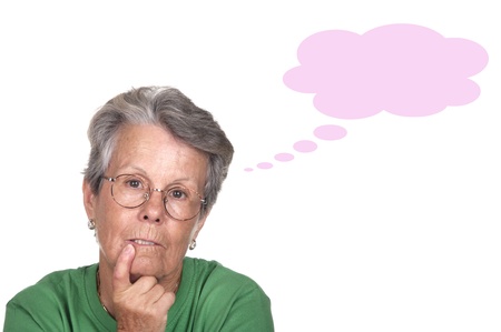 serious and thoughtful elderly on white backgroundの写真素材
