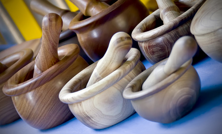 mortars made of olive wood collection. Selective focusの写真素材
