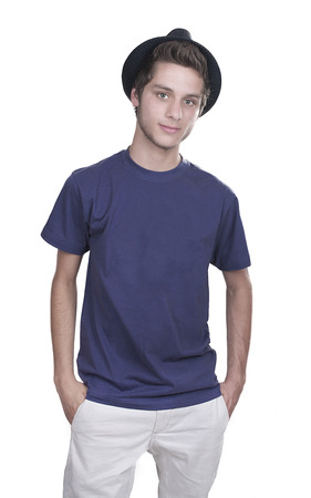 Close up portrait of young smiling cute teenager, isolated on whiteの写真素材