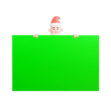 3d illustration of santa claus peeking behind a big green screen only his head and hands can be seenの写真素材
