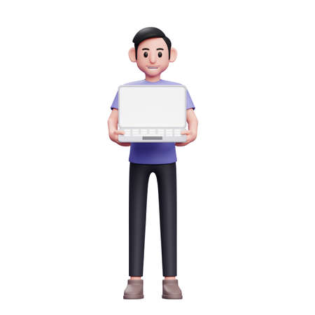 man standing holding laptop with both hands 3d render character illustrationの写真素材