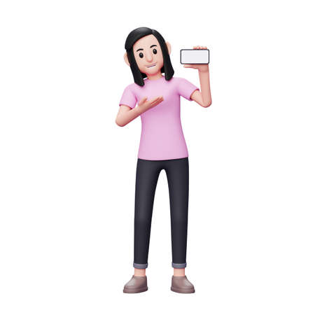 Woman introduce something with a landscape phone screen, 3d render character illustrationの写真素材