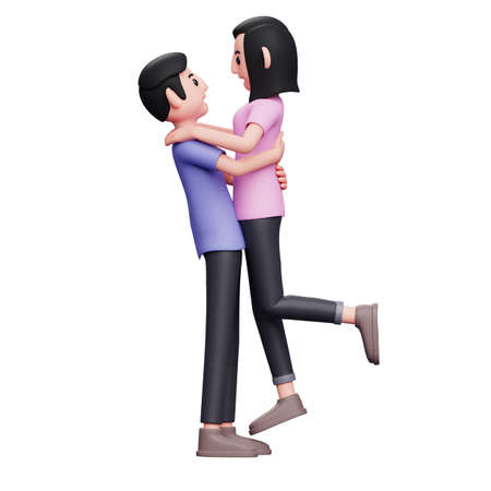 Casual man picking up and hugging his girlfriend, 3d valentine's day concept character illustrationの写真素材