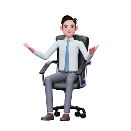 Happy Successful Businessman With Open Hands sitting in office chair, 3d render character illustrationの写真素材
