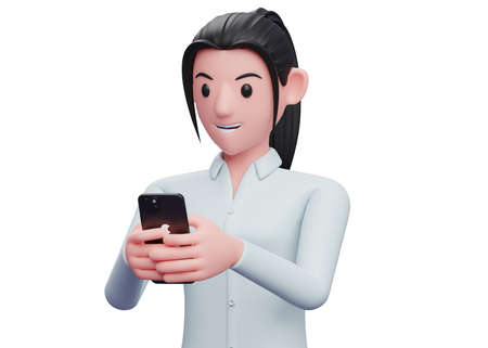 portrait of a business woman playing with a cell phone, 3D render business woman in blue shirt holding phone illustrationの写真素材