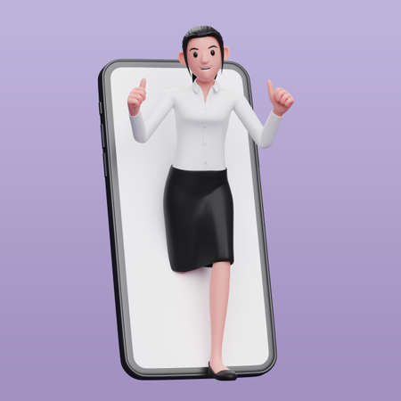 smart girl appears from inside the phone screen while giving a thumbs up, 3d illustration of business woman holding phoneの写真素材