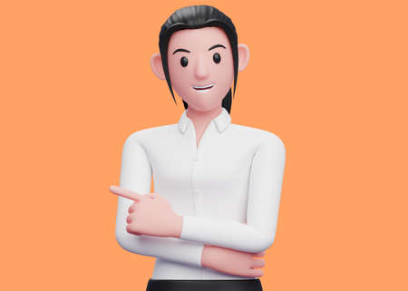 cute girl pointing finger to the left and holding one hand crossed on chest, 3d illustration of a business woman in white shirt pointingの写真素材