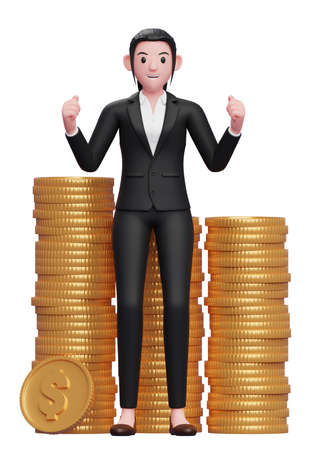 Happy business woman in black formal suit getting lots of piles of gold coins, 3d illustration of a business woman in a black suit holding dollar coinの写真素材