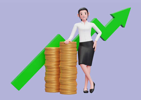 business woman in white shirt and black skirt leaning on pile of gold coins with growing statistics ornament on the back, 3d illustration of a business woman in white shirt holding dollar coinの写真素材