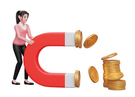 Businesswoman in pink sweater attract money using big magnet, 3d illustration of a business woman in...