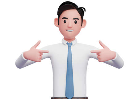 smart boy in white shirt pointing self, 3D illustration of man in white shirt pointing self