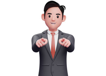 businessman wear black suit pointing to the camera with both hand, 3d illustration of a businessman pointing camera with both index fingerの写真素材