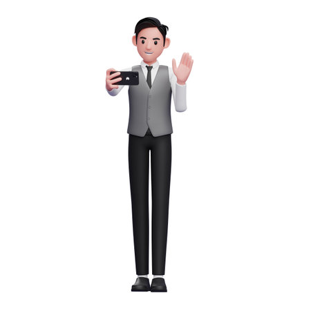 businessman in grey vest make video calls, 3d illustration of businessman using phoneの写真素材