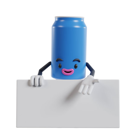 beverage cans character standing behind white banner and showing pose with left hand, 3d illustration of soft drink cansの写真素材