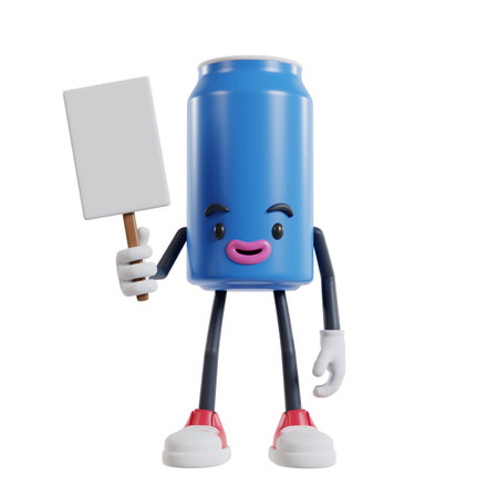 beverage cans character standing holding white paper placard with right hand, 3d illustration of soft drink cansの写真素材