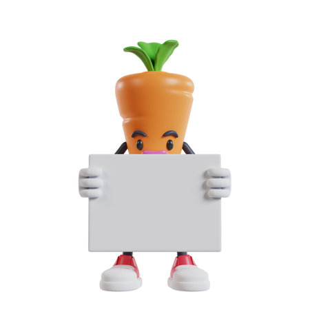 cartoon carrot character standing and holding small white banner with two hands, 3d illustration of cartoon carrot characterの写真素材