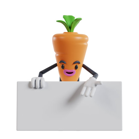 cartoon carrot character standing behind white banner and showing pose with left hand, 3d illustration of cartoon carrot characterの写真素材