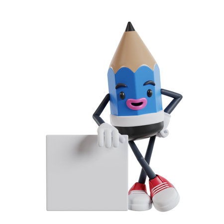 3d cartoon pencil character Leaning against the wall of a small white box, 3d illustration of cartoon pencil characterの写真素材