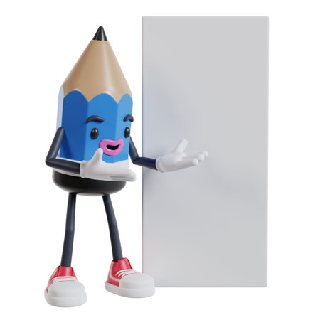 3d cartoon pencil character opens two arms to a long banner on the side, 3d illustration of cartoon pencil characterの写真素材