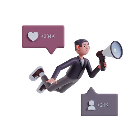 businessman levitating and holding loudspeaker doing marketing campaign, 3d marketing illustration