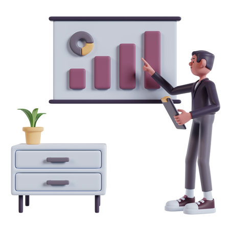 Men analyze marketing on a whiteboard with a Business Growth Chart while holding the clipboard with their left handの写真素材