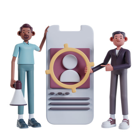 Target audience, Digital target marketing, two men targeting audience through social media on cell phonesの写真素材