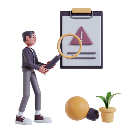 Men look for solutions to business problems by holding a magnifying glass, with a clipboard background with an exclamation markの写真素材