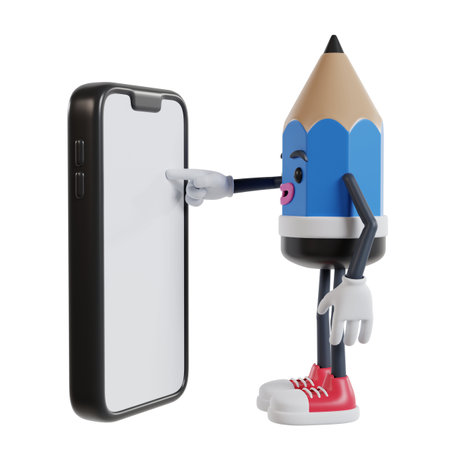 3d cartoon pencil character touching phone screen with index fingerの写真素材