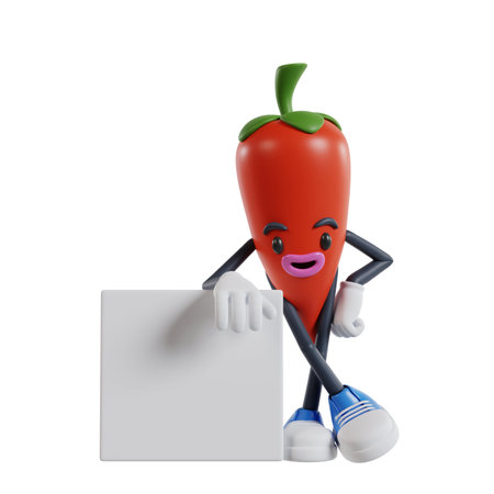 3d cartoon chili character Leaning against the wall of a small white box, 3d illustration of cartoon chili characterの写真素材