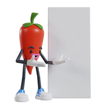 3d cartoon chili character opens two arms to a long banner on the side, 3d illustration of cartoon chili characterの写真素材